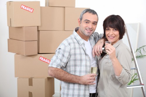 Packed office items and labelled boxes during commercial relocation in Hanwell